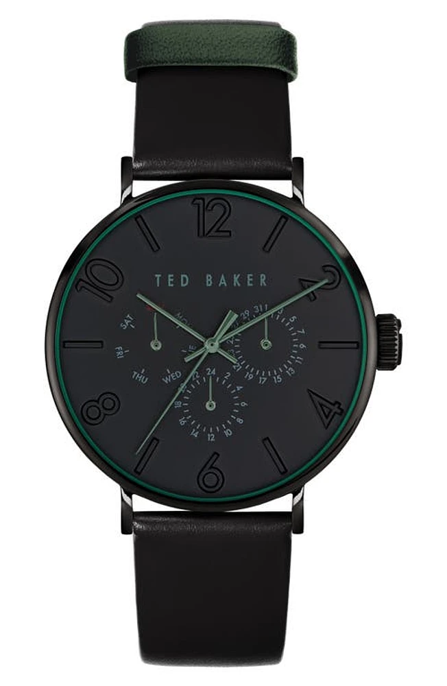 Ted Baker London Phylipa Gents Multifunction Leather Strap Watch, 41mm in Black at Nordstrom