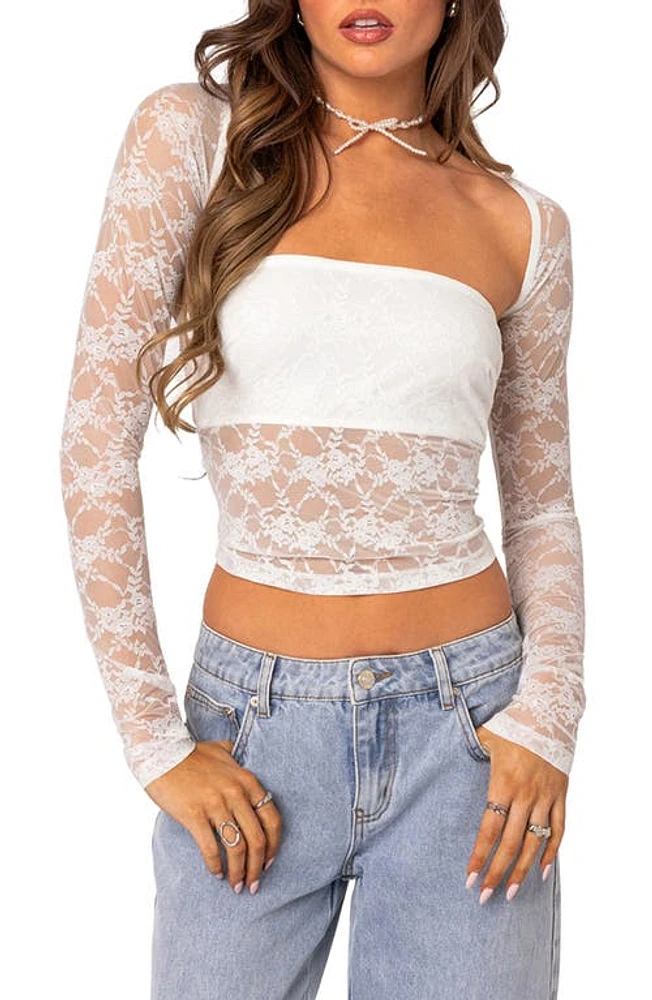 EDIKTED Addison Sheer Long Sleeve Lace Top White at Nordstrom,