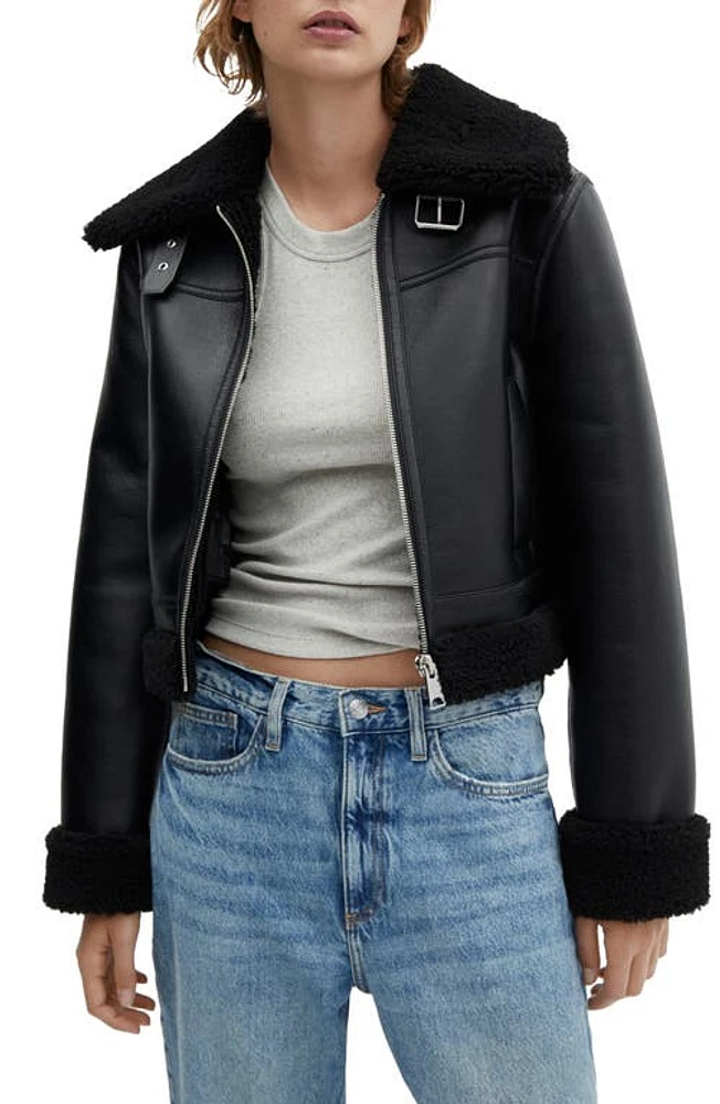 MANGO Faux Shearling Trim Moto Jacket Black at Nordstrom,