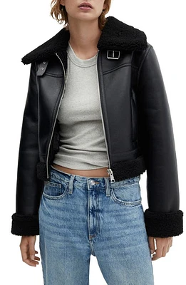 MANGO Faux Shearling Trim Moto Jacket Black at Nordstrom,