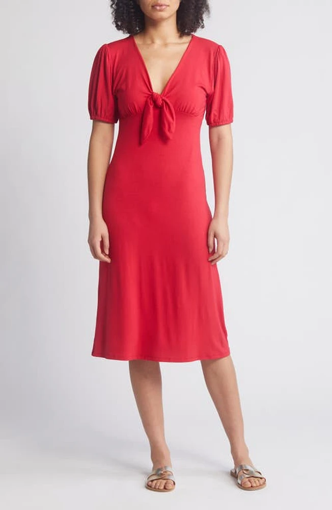 Loveappella Short Sleeve Tie Front Midi Dress Red at Nordstrom,