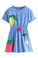 Mini Boden Kids' Stripe Appliqué Drawstring Waist Cotton Dress Surf Blue/Ivory Fruit at Nordstrom,