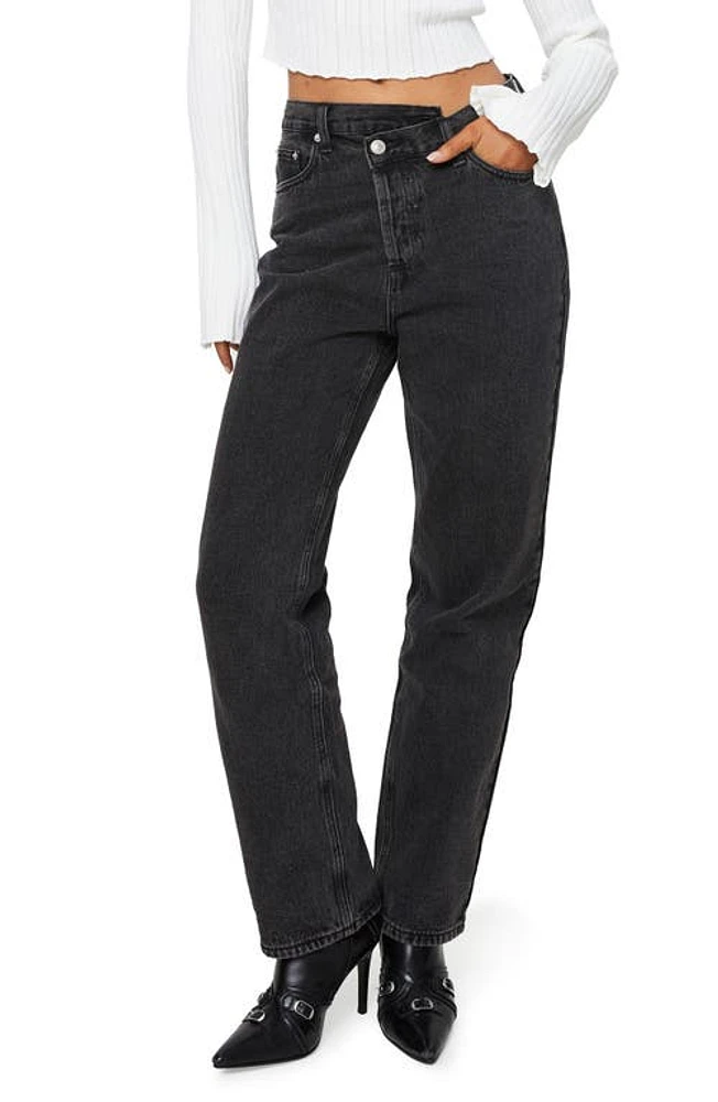 Princess Polly Holly Asymmetric Crossover Waist Rigid Straight Leg Jeans Black at Nordstrom,