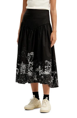 Desigual Landscape Poplin Midi Skirt Black at Nordstrom,