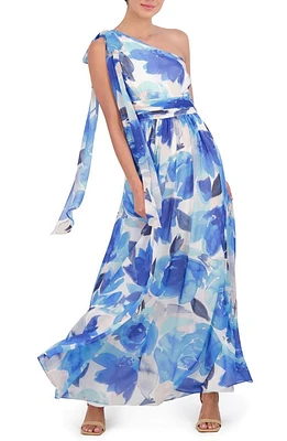 Eliza J Floral One-Shoulder Gown Blue at Nordstrom,