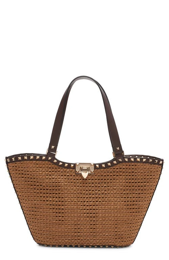 Valentino Garavani Small Rockstud Woven Raffia Tote in Y5T Tabacco/Cacao at Nordstrom