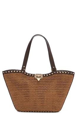 Valentino Garavani Small Rockstud Woven Raffia Tote in Y5T Tabacco/Cacao at Nordstrom