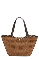 Valentino Garavani Small Rockstud Woven Raffia Tote in Y5T Tabacco/Cacao at Nordstrom