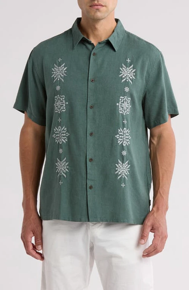 Billabong Frequency Embroidered Short Sleeve Linen Blend Button-Up Shirt Marine Green at Nordstrom,