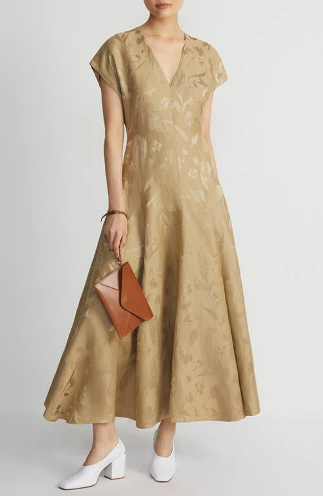 Lafayette 148 New York Botanical Jacquard Fit & Flare Maxi Dress Cadet Khaki at Nordstrom,