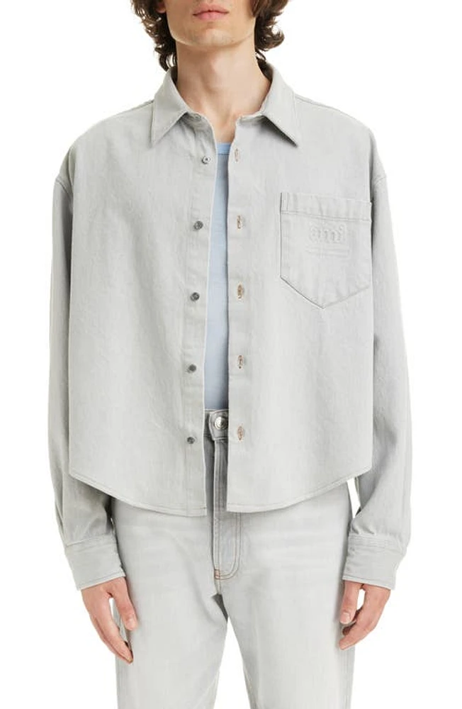 AMI PARIS Logo Embossed Denim Button-Up Shirt Javel Grey at Nordstrom,