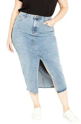 City Chic Oaklyn Front Slit Midi Denim Skirt in Mid Denim at Nordstrom, Size Xl