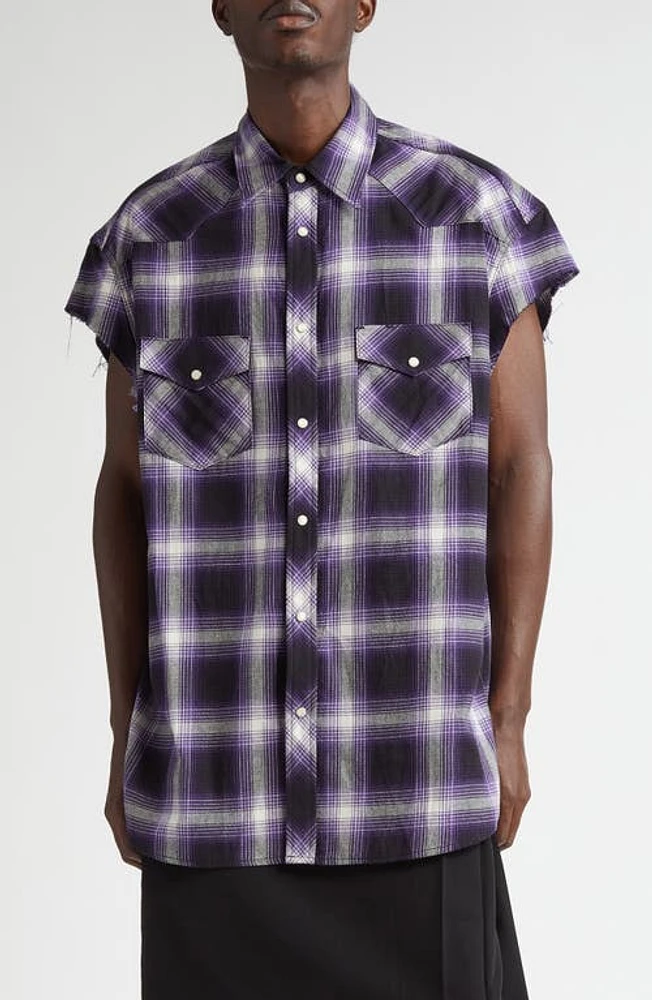 TAKAHIROMIYASHITA TheSoloist. x Rafu Plaid Cutoff Sleeve Snap-Up Western Shirt Purple at Nordstrom, Us