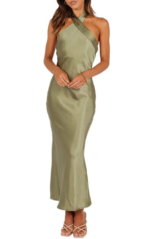 Petal & Pup Grasie Stretch Satin Halter Dress Olive at Nordstrom,