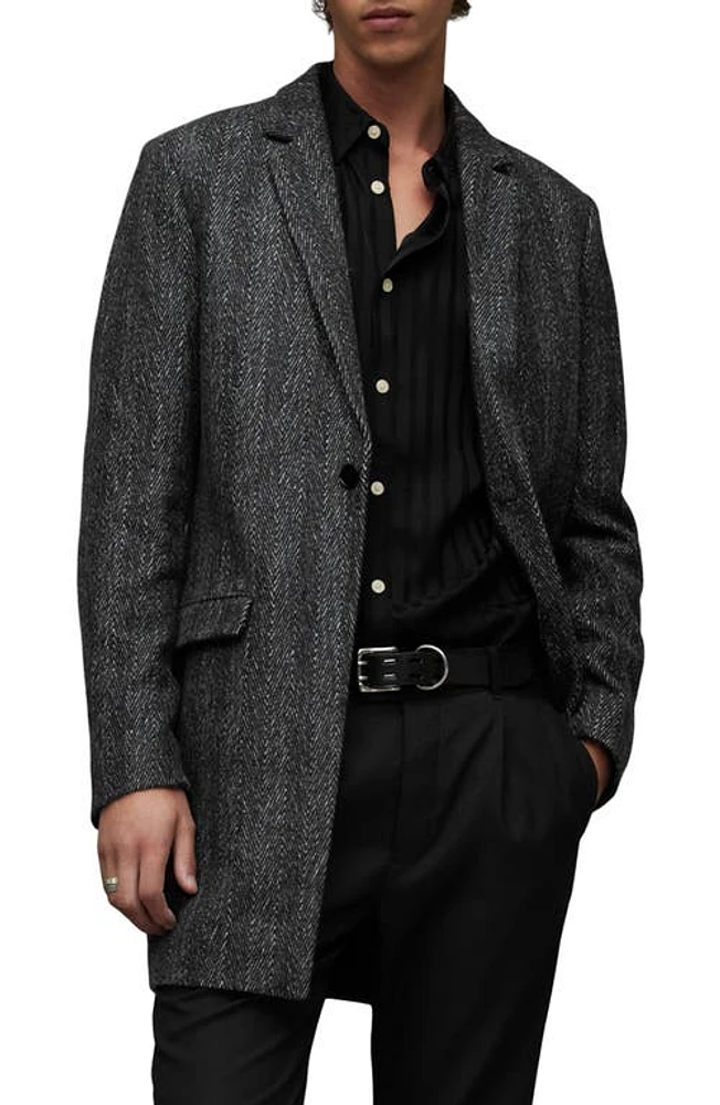 AllSaints Manor Herringbone Wool Blend Coat Black at Nordstrom,