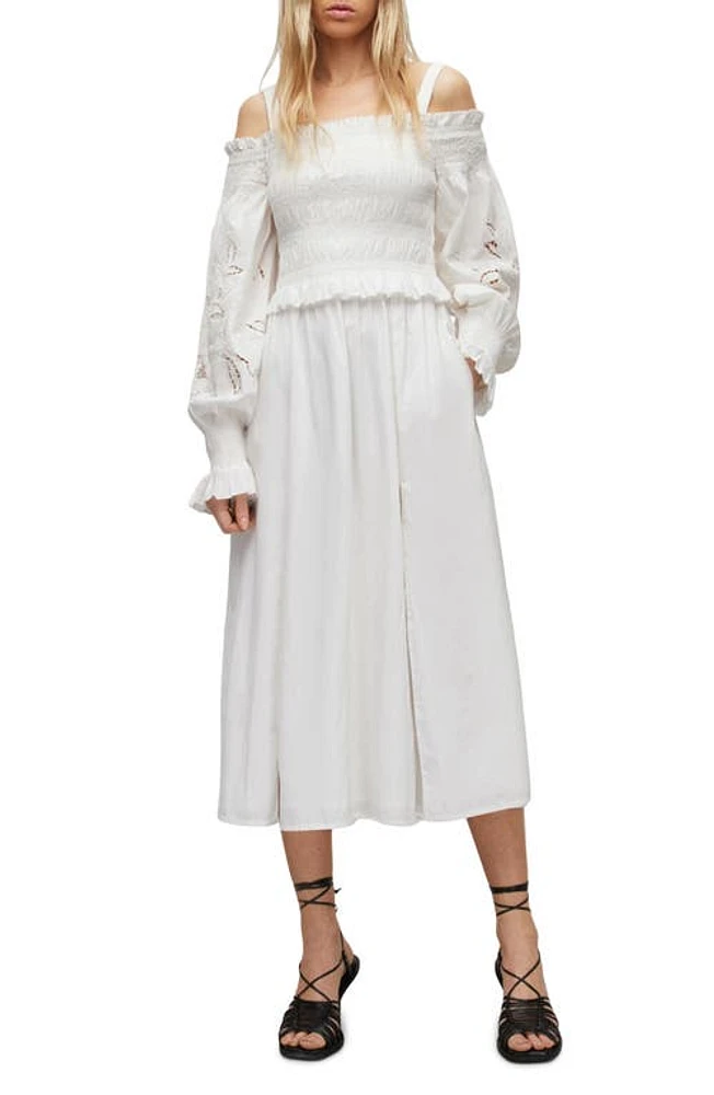 AllSaints Launa Broderie Long Sleeve Cotton Dress Chalk White at Nordstrom,