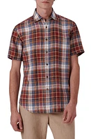 Bugatchi Plaid Short Sleeve Linen Button-Up Shirt in Caramel at Nordstrom, Size Small