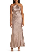 Vince Camuto Metallic Embellished Twist Neck Gown Taupe at Nordstrom,