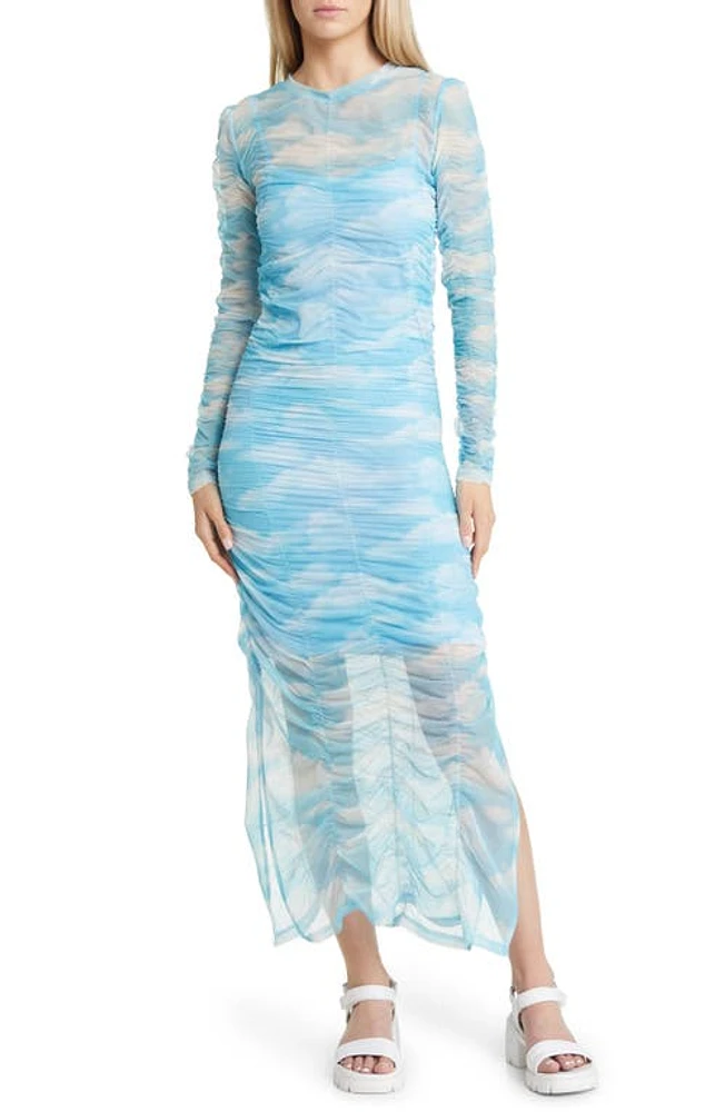 Dressed Lala Long Sleeve Ruched Mesh Dress Clouds at Nordstrom,