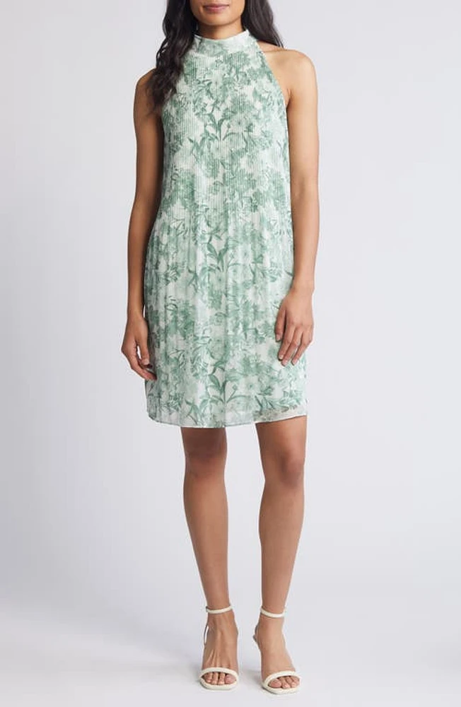 halogen(r) Floral Print Release Pleat Mock Neck Dress Subtle Grey at Nordstrom,