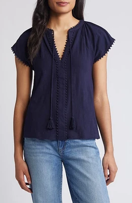 Boden Millie Tassel Tie Short Sleeve Cotton Top Navy at Nordstrom,