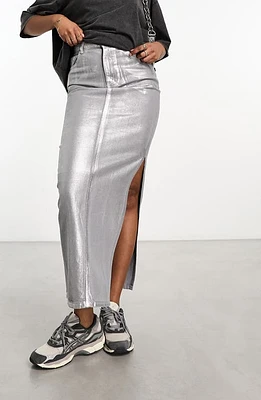 ASOS DESIGN Metallic Denim Maxi Skirt Silver at Nordstrom, Us