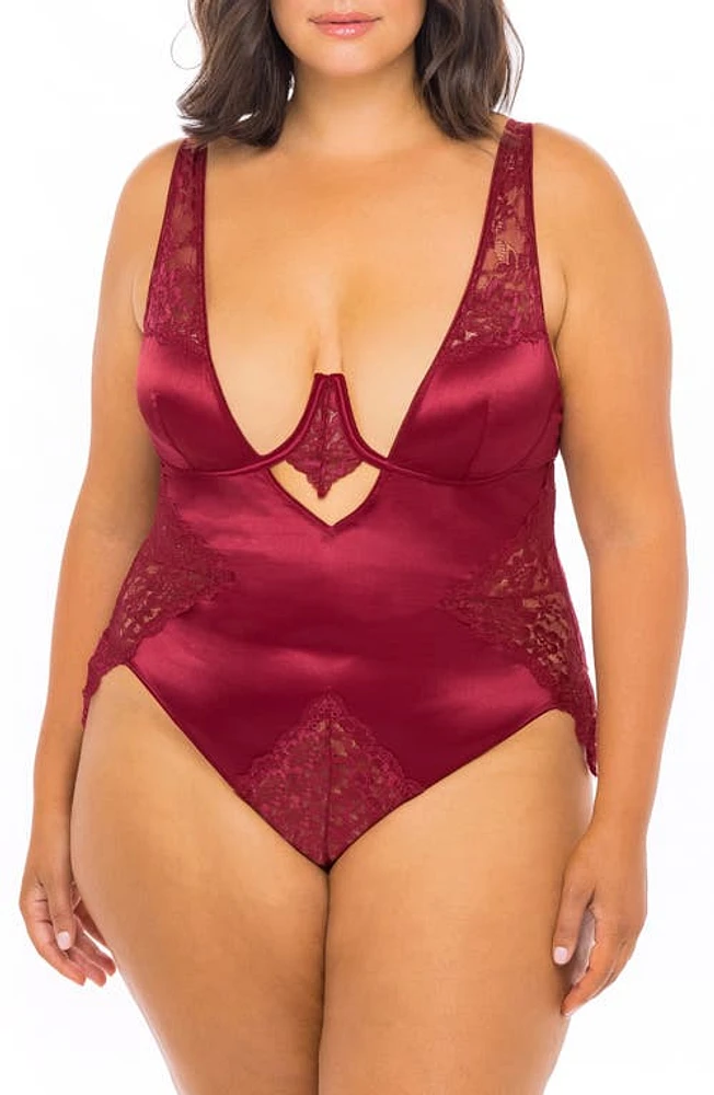 Oh La La Cheri Plunge Neck Underwire Teddy with Lace Insets in Rhubarb at Nordstrom, Size 1X