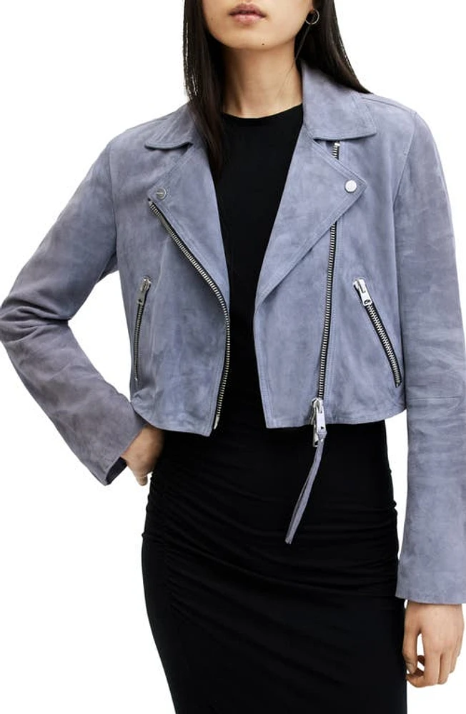 AllSaints Dalby Crop Suede Biker Jacket Pale Denim Blue at Nordstrom,