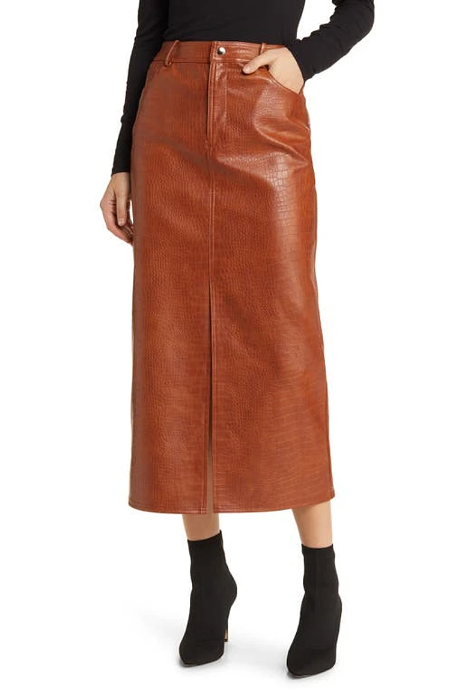 WAYF Roberta Croc Embossed Faux Leather Midi Skirt Brown at Nordstrom,