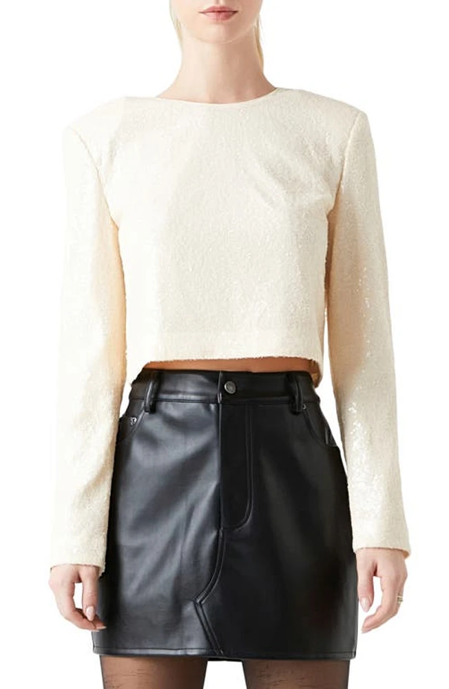 Grey Lab Power Shoulder Sequin Crop Top Cream at Nordstrom,