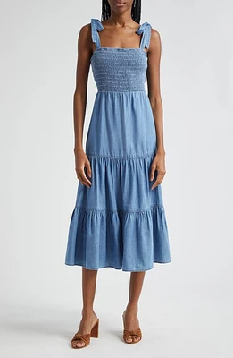 Veronica Beard Tola Tiered Cotton Blend Chambray Midi Sundress Iceberg at Nordstrom,