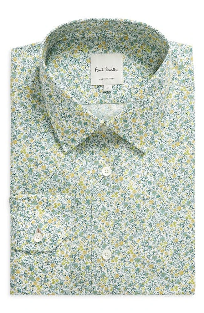 Paul Smith Tailored Fit Floral Organic Cotton Dress Shirt Olive at Nordstrom,