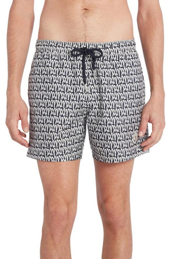 Moncler Monogram Print Swim Trunks Printed M All Over White/Navy at Nordstrom,