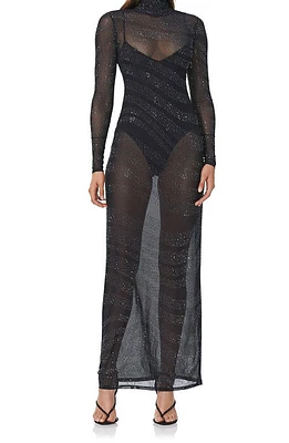 AFRM Rowan Sequin Stripe Long Sleeve Mesh Maxi Dress Hematite Noir at Nordstrom,