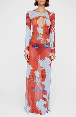 NASTY GAL Cutout Sheer Long Sleeve Maxi Dress Blue at Nordstrom,