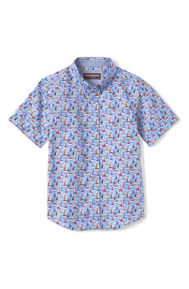 Johnston & Murphy Kids' Sailboat Print Short Sleeve Button-Down Shirt Blue at