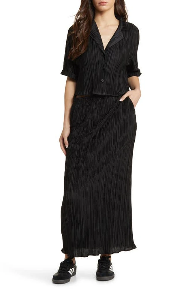 Dressed Lala Est La Vie Notched Collar Plissé Top & Maxi Skirt Set Black at Nordstrom,