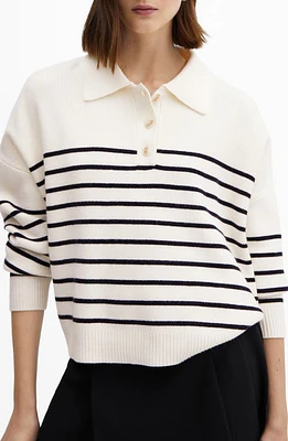 MANGO Stripe Polo Sweater White/Dark Navy at Nordstrom,