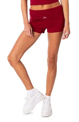 EDIKTED Too Sexy Foldover Stretch Cotton Shorts in Burgundy at Nordstrom, Size X-Large