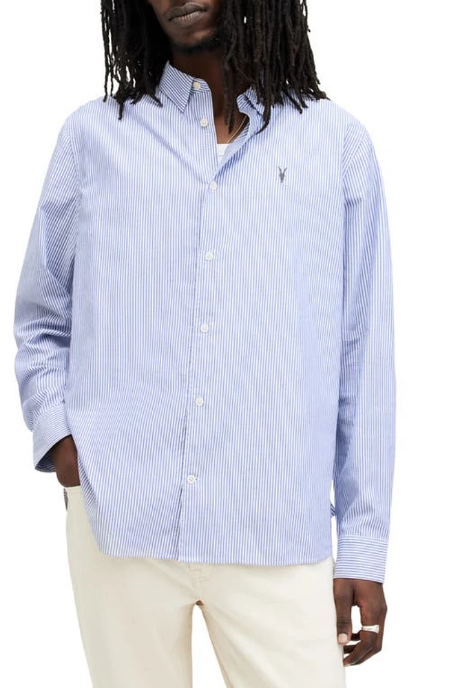 AllSaints Hillview Pinstripe Long Sleeve Button-Up Shirt Daisy White/Sur Blue at Nordstrom,