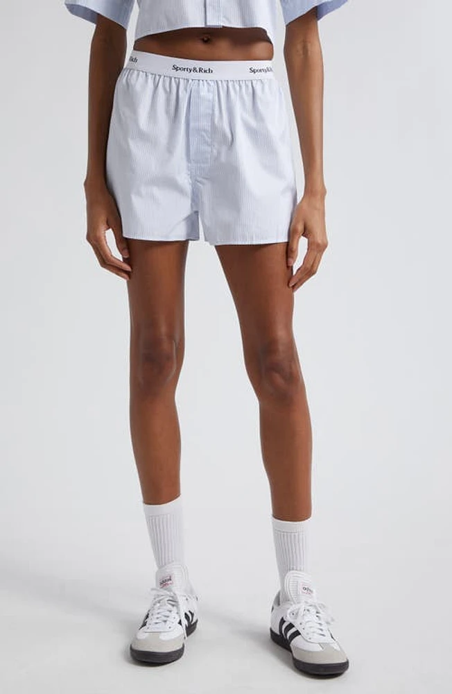 Sporty & Rich Serif Logo Cotton Shorts White/Light Blue Stripe at Nordstrom,