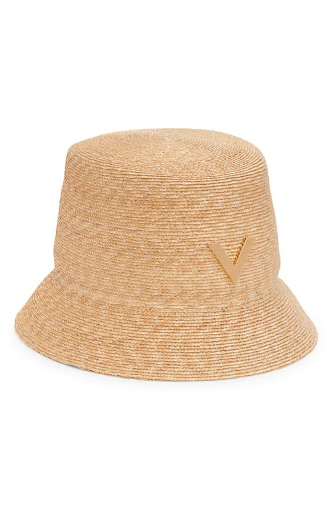 Valentino Garavani Logo Plaque Straw Bucket Hat Naturale at Nordstrom,