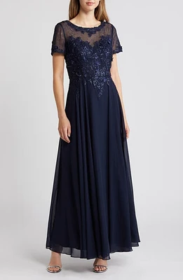 Xscape Evenings Beaded Mesh Gown Navy at Nordstrom,