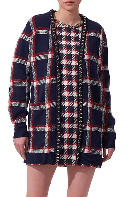 Carolina Herrera Chain Trim Plaid Wool Cardigan Midnight Multi at Nordstrom,