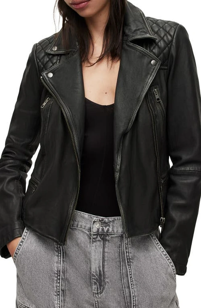 AllSaints Cargo Leather Biker Jacket in Black/Grey at Nordstrom, Size 4 Us