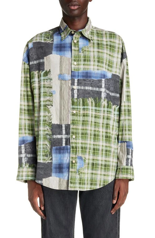 Acne Studios Oversize Plaid & Stripe Patchwork Button-Up Shirt Green Multi at Nordstrom, Us