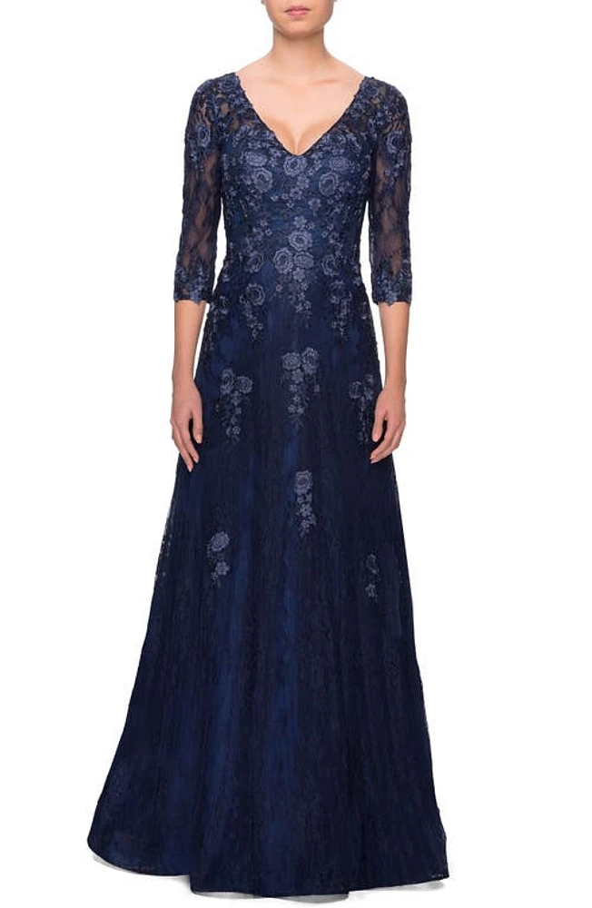 La Femme Embroidered Lace Gown Navy at Nordstrom,