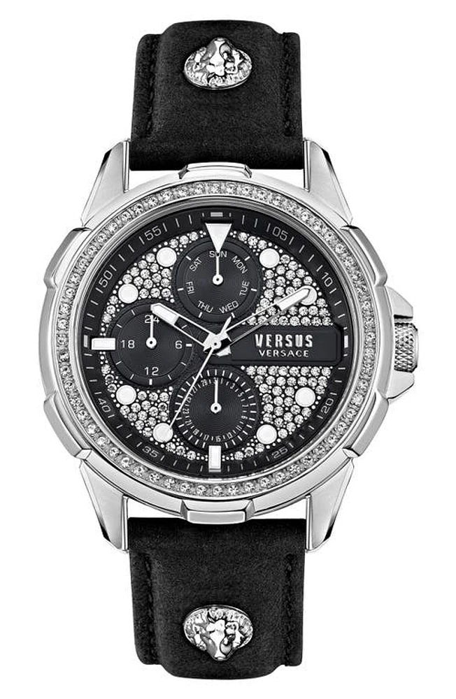 VERSUS Versace 6E Arrondissement Crystal Multifunction Leather Strap Watch, 46mm in Stainless Steel/Black at Nordstrom