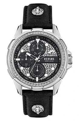 VERSUS Versace 6E Arrondissement Crystal Multifunction Leather Strap Watch, 46mm in Stainless Steel/Black at Nordstrom