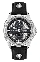 VERSUS Versace 6E Arrondissement Crystal Multifunction Leather Strap Watch, 46mm in Stainless Steel/Black at Nordstrom